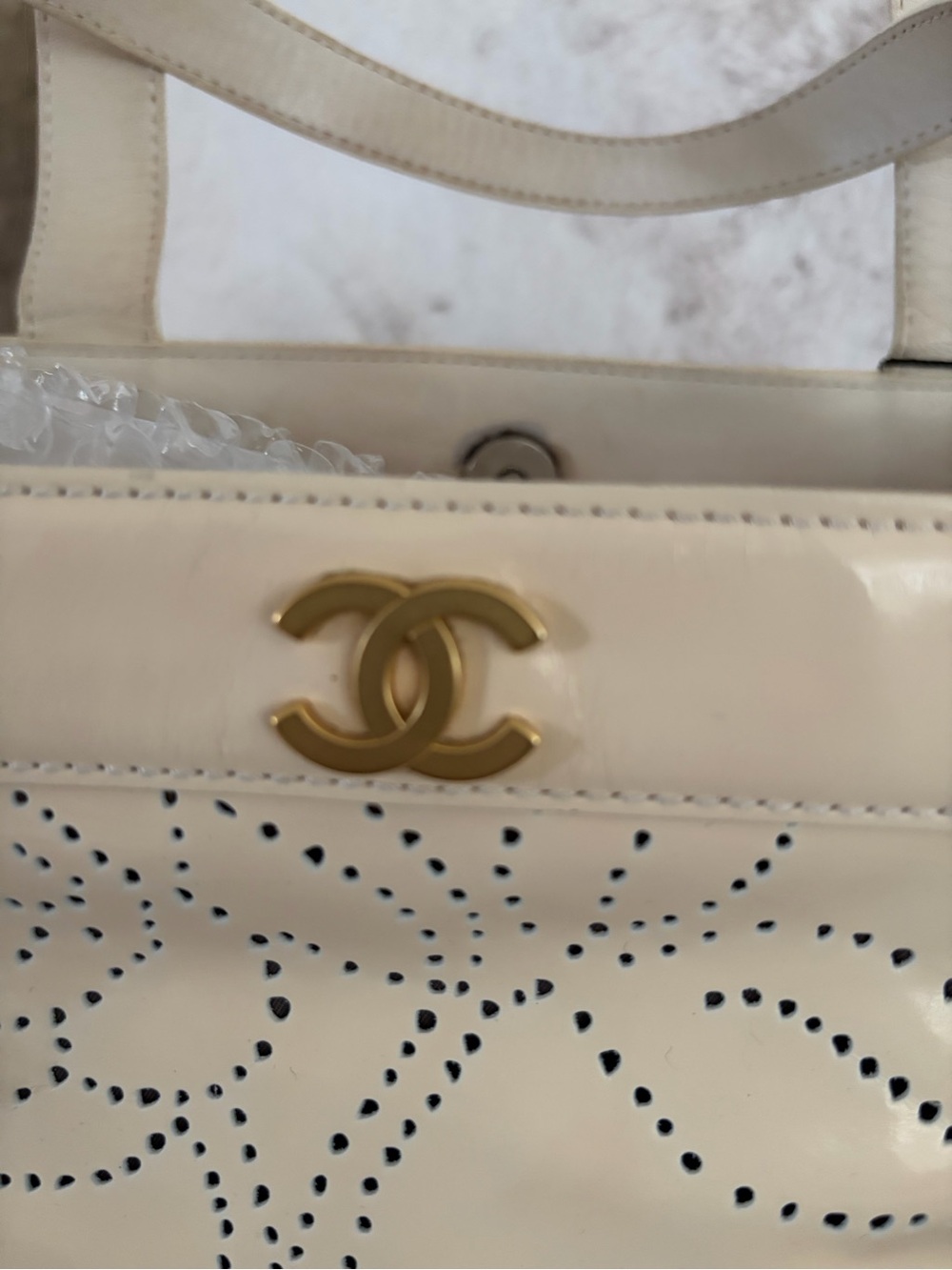 Chanel Small Beige Patent Leather Floral Perforated Tote - Picture 2 of 16
